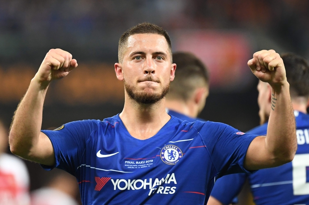 Chelsea's Belgian midfielder Eden Hazard  celebrates after celebrates after scoring a goal during the UEFA Europa League final football match between Chelsea FC and Arsenal FC at the Baku Olympic Stadium in Baku, Azerbaijan, in this May 30, 2019 file photo. — AFP