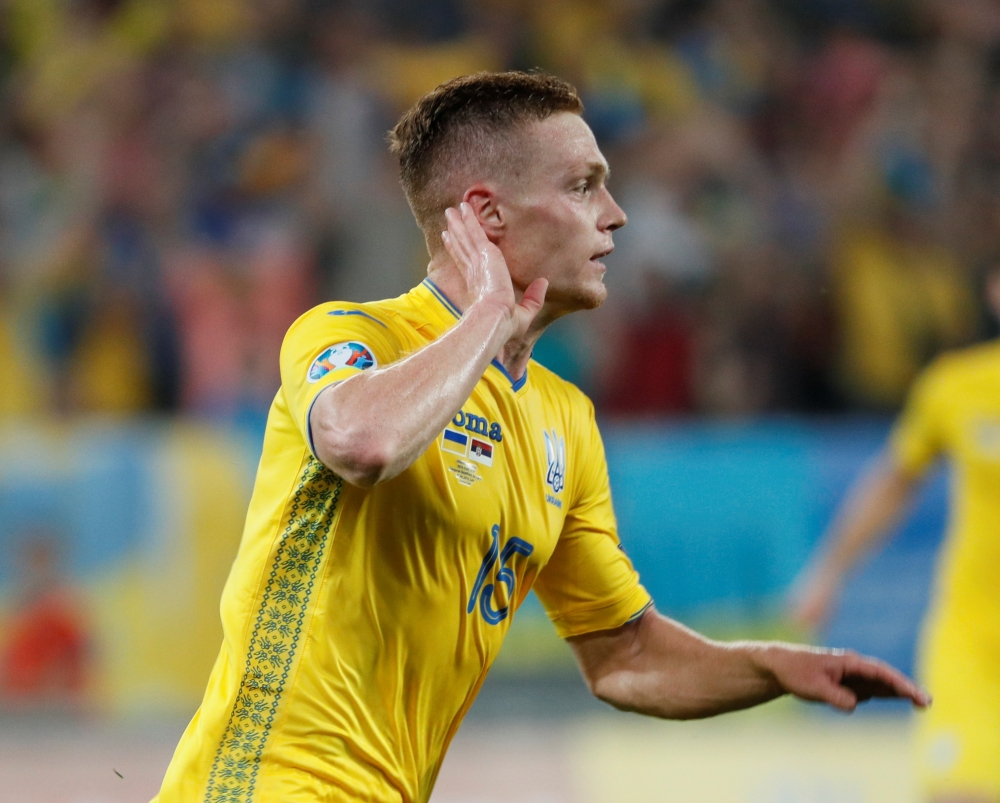 Ukraine's Viktor Tsygankov celebrates after scoring the second goal against Serbia during the Euro 2020 Group B Qualifier at the Arena Lviv, Lviv, Ukraine, on Friday. — Reuters