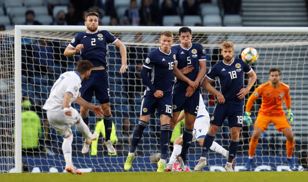 Cyprus' Georgios Efrem shoots at goal from a free kick during the Euro 2020 Qualifier  Group I  match against Scotland at Hampden Park, Glasgow, Britain, on Saturday. —  Reuters