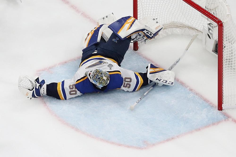 Jordan Binnington No. 50 of the St. Louis Blues stops a shot against the Boston Bruins during the second period in Game Five of the 2019 NHL Stanley Cup Final at TD Garden on June 06, 2019 in Boston, Massachusetts. — AFP