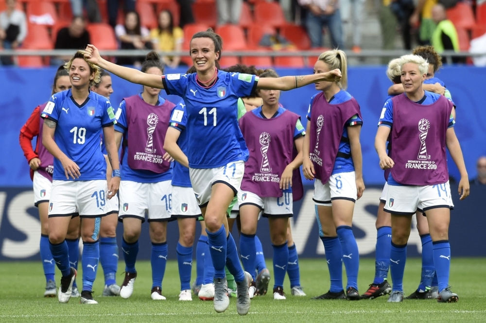 Italy's midfielder Barbara Bonansea (C) celebrates her team's victory at the end of the France 2019 Women's World Cup Group C football match between Australia and Italy, on Sunday, at the Hainaut Stadium in Valenciennes, northern France. — AFP