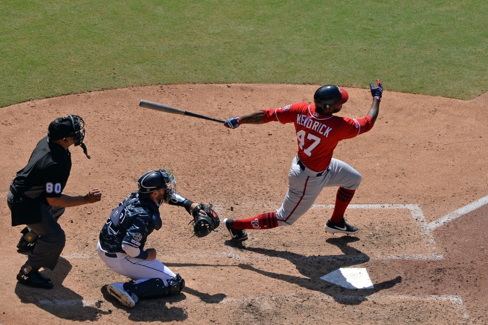 Washington Nationals second baseman Howie Kendrick (47) hits a solo home run during the eighth inning against the San Diego Padres at Petco Park. — Reuters