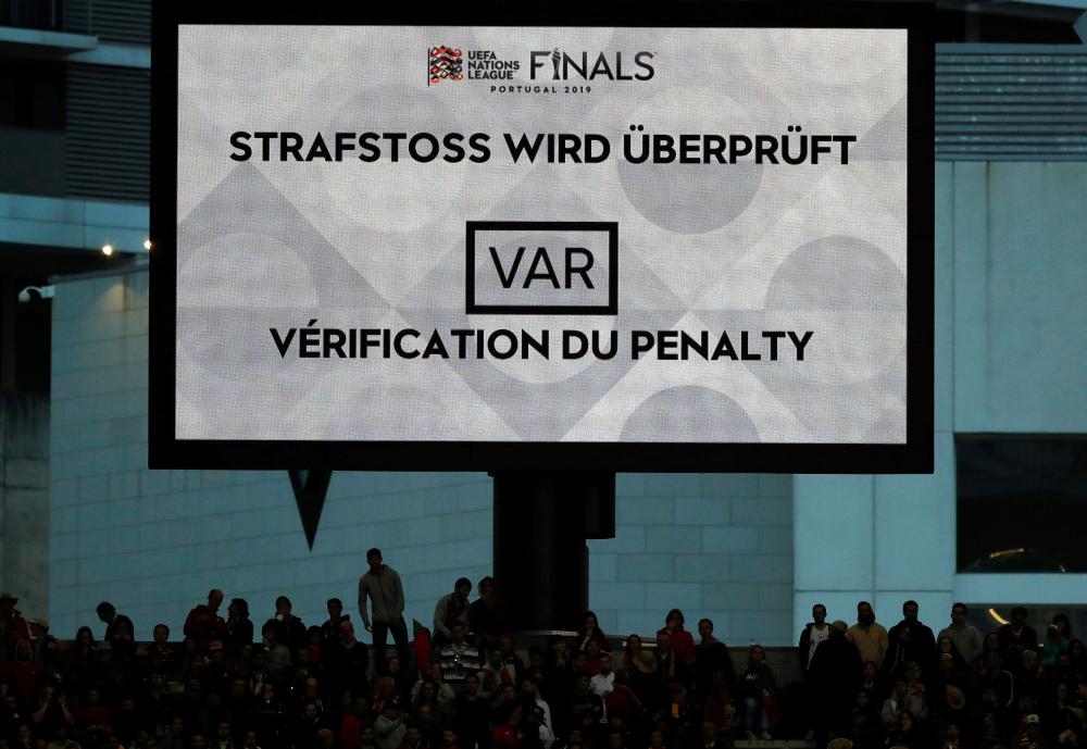 General view of the scoreboard with the VAR referral on during the UEFA Nations League semifinal between Portugal and Switzerland at the Estadio do Dragao, Porto, Portugal on Thursday. — Reuters