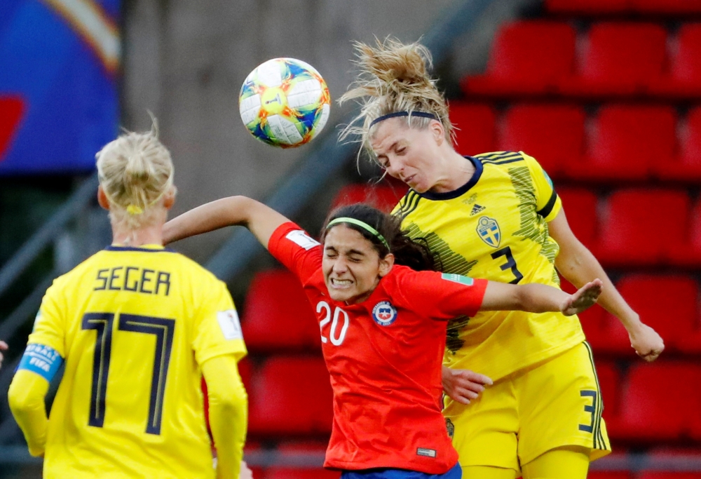 Sweden's Kosovare Asllani celebrates scoring their first goal against Chile's during the Women's World Cup Group F match at Roazhon Park, Rennes, France, on Tuesday. — Reuters