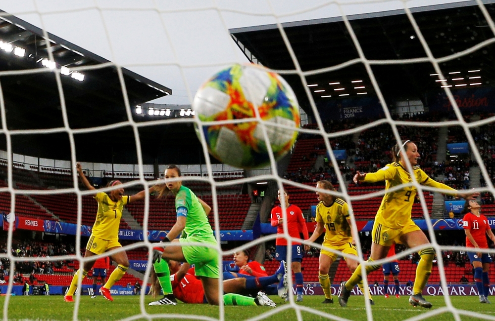 Sweden's Kosovare Asllani celebrates scoring their first goal against Chile's during the Women's World Cup Group F match at Roazhon Park, Rennes, France, on Tuesday. — Reuters