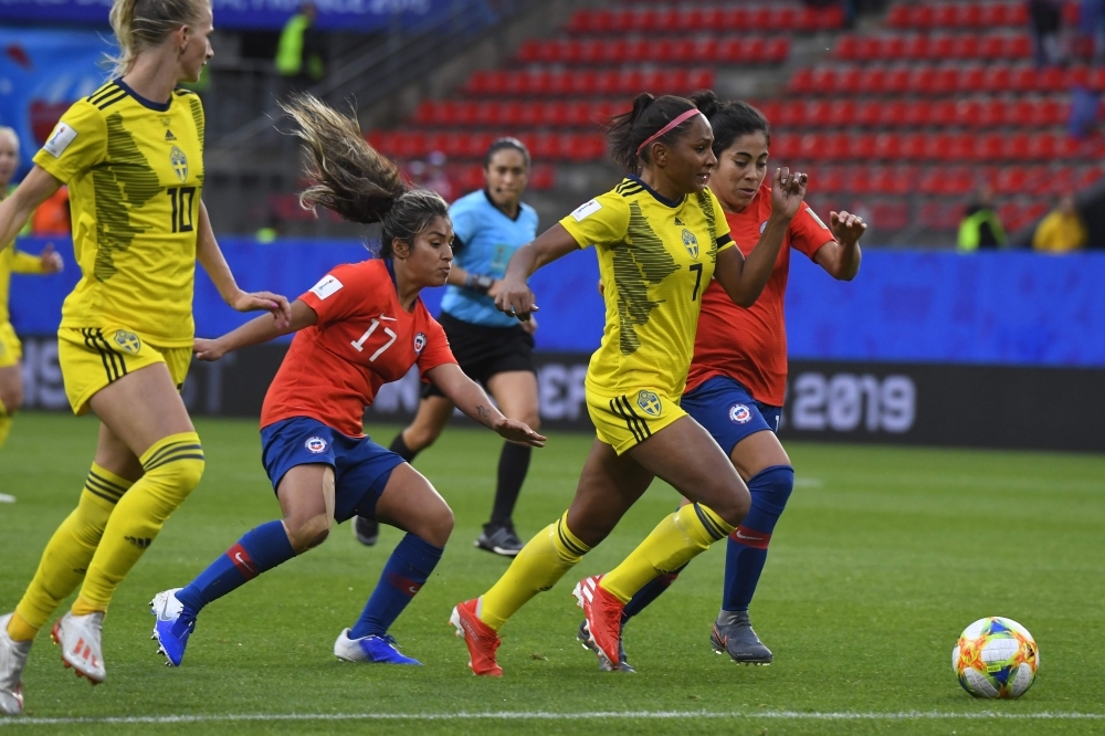 Sweden's Kosovare Asllani celebrates scoring their first goal against Chile's during the Women's World Cup Group F match at Roazhon Park, Rennes, France, on Tuesday. — Reuters