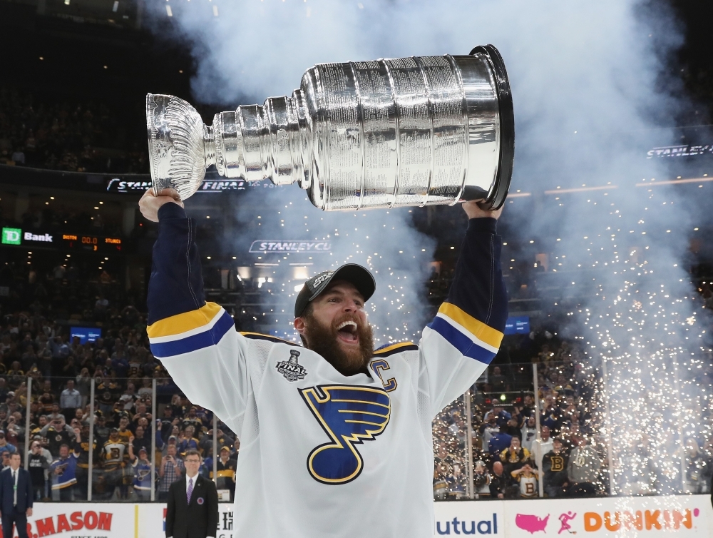 Alex Pietrangelo No. 27 of the St. Louis Blues celebrates with the Stanley Cup after defeating the Boston Bruins in Game Seven to win the 2019 NHL Stanley Cup Final at TD Garden on Wednesday in Boston, Massachusetts. — AFP