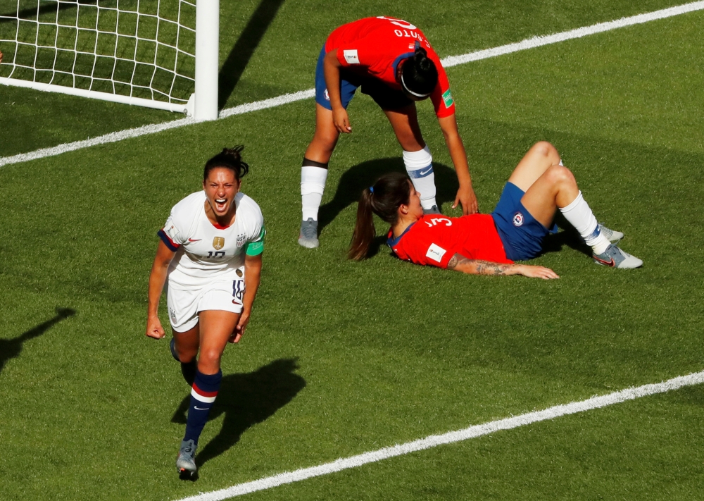 Carli Lloyd of the US celebrates scoring their third goal  against Chile in group stage play during the FIFA Women's World Cup France 2019 at Parc des Princes on Sunday. — Reuters