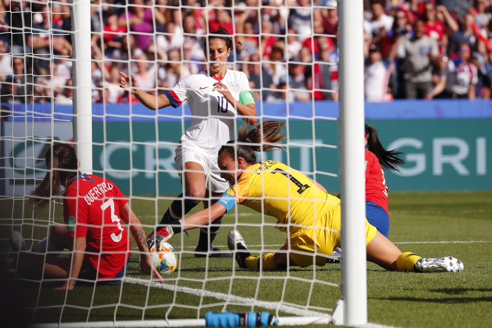Carli Lloyd of the US celebrates scoring their third goal  against Chile in group stage play during the FIFA Women's World Cup France 2019 at Parc des Princes on Sunday. — Reuters