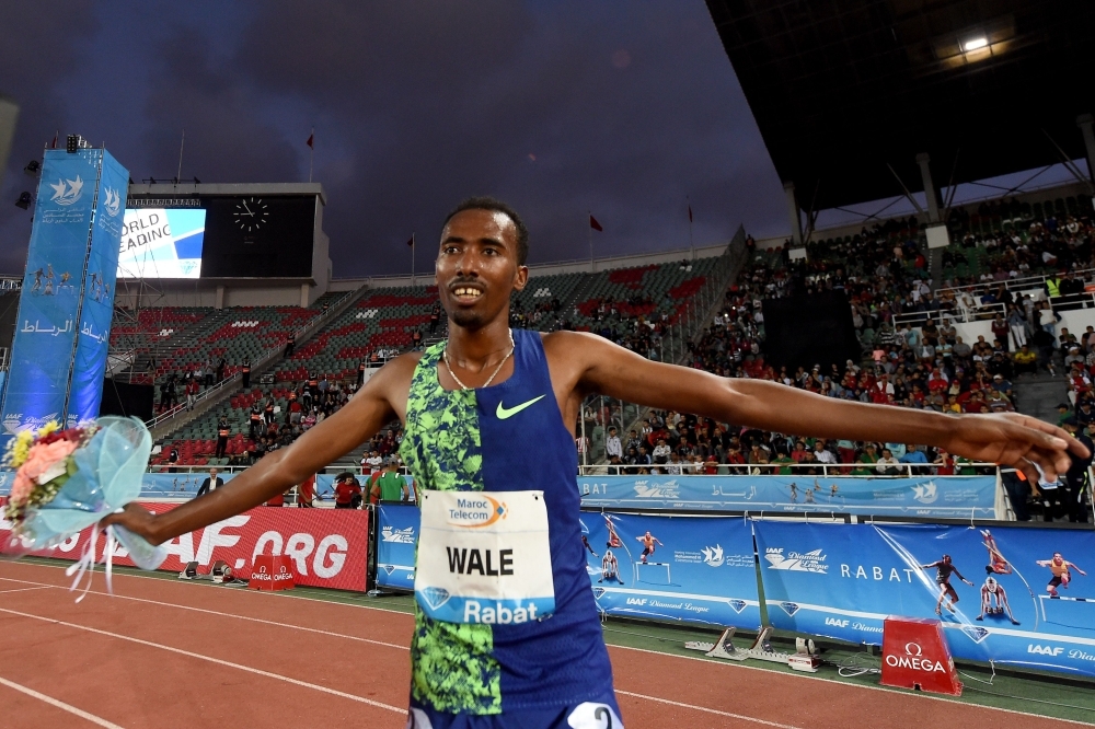 Ethiopia's Getnet Wale celebrates after winning the men's 3,000m steeplechase during the IAAF Diamond League competition on Sunday in Rabat. — AFP