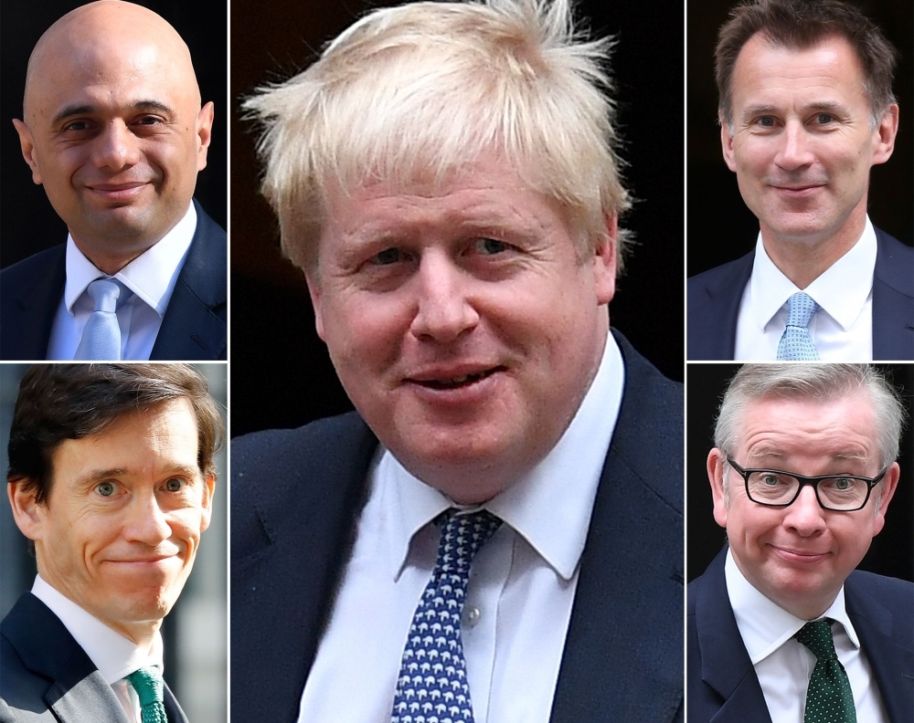 A combination of pictures created in London on Tuesday shows the remaining five contenders in the contest for leader of the Conservative party: the leading contender former foreign secretary Boris Johnson, center, and (top left to right) Britain's Home Secretary Sajid Javid, Britain's Foreign Secretary Jeremy Hunt (bottom left to right) Britain's International Development Secretary Rory Stewart and Britain's Environment, Food and Rural Affairs Secretary Michael Gove. — AFP