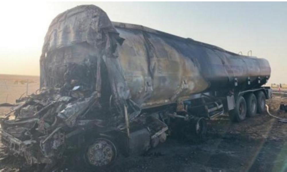 The fuel truck that caught fire near Al-Rais on the Jeddah-Yanbu Expressway.