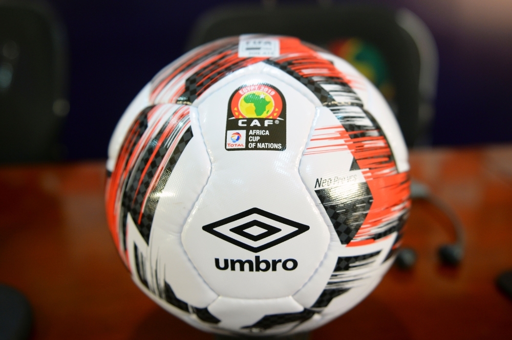 The official ball for the 2019 football Africa Cup of Nations (CAN) the Umbro Neo Pro is pictured during a press conference by Confederation of African Football (CAF) President onThursdayat the Cairo International Stadium in the Egyptian capital. — AFP