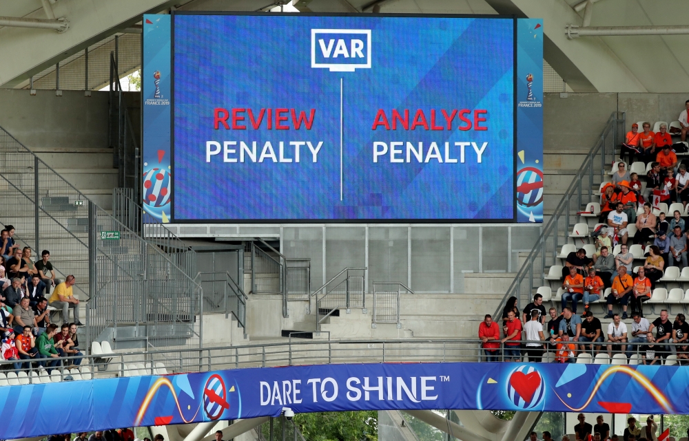 General view of the big screen during a VAR review for a penalty during the Women's World Cup Group E match between Netherlands and Canada at the Stade Auguste-Delaune, Reims, France on Thursday. The Premier League will not determine whether goalkeepers have moved off their line during penalties through VAR, leaving the decision to on-field officials. — Reuters