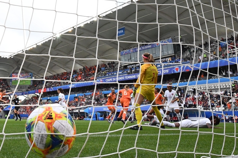 Canada's goalkeeper Stephanie Labbe fails to stop Netherland's first goal during the France 2019 Women's World Cup Group E football match between the Netherlands and Canada, on Thursday, at the Auguste-Delaune Stadium in Reims, eastern France. — AFP