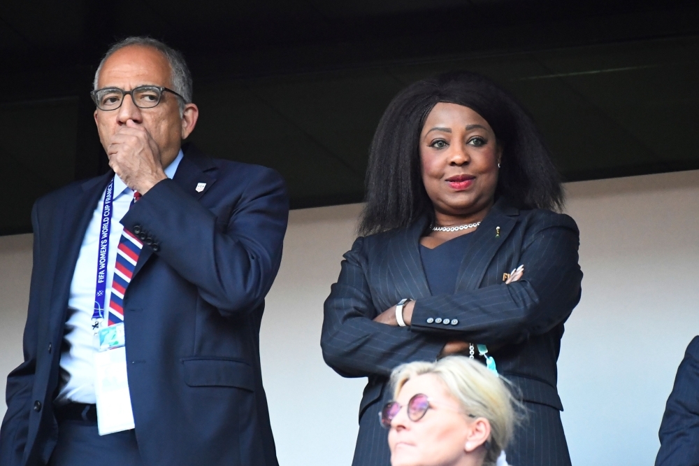 FIFA Secretary General Fatma Samoura (R) attends  the France 2019 Women's World Cup Group F football match between Sweden and USA, on Thursday, at the Oceane Stadium in Le Havre, northwestern France. FIFA President Gianni Infantino has ramped up the pressure on Iran to ensure local female football fans are allowed to attend men's World Cup qualifiers in the nation later this year. — AFP