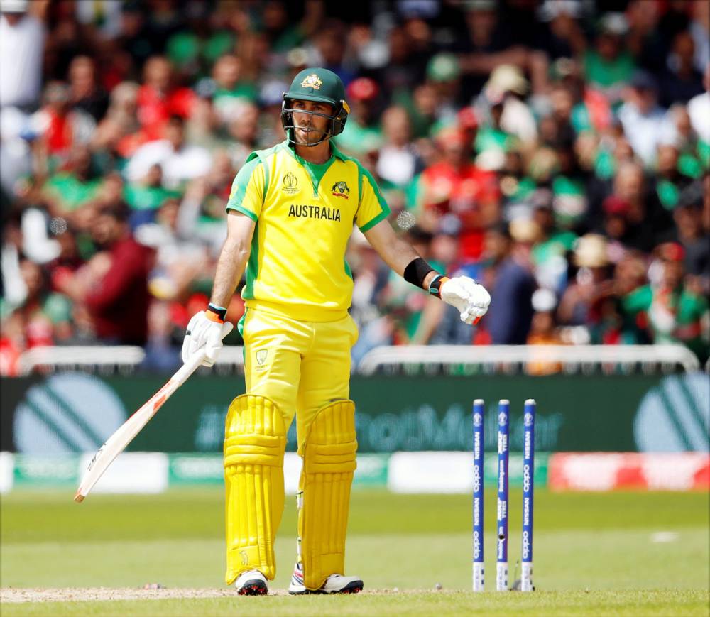 Australia's Glenn Maxwell reacts during the ICC Cricket World Cup match against Bangladesh at Trent Bridge, Nottingham, Britain, on Thursday. — Reuters