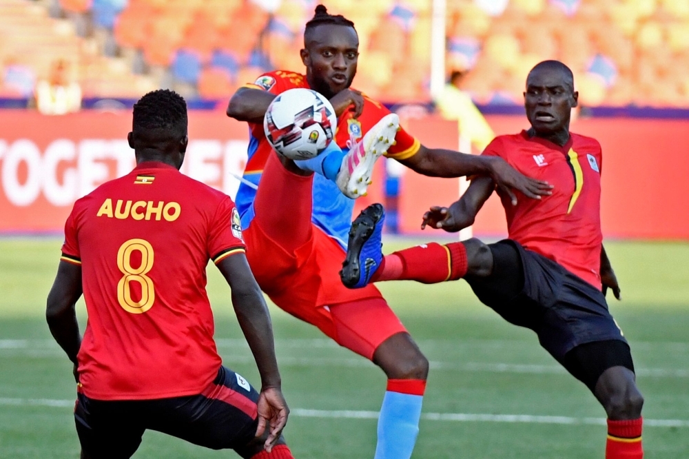 Uganda's Patrick Kaddu celebrates scoring their first goal with teammates against DR Congo during the 2019 Africa Cup of Nations (CAN) football match at Cairo International Stadium on Saturday. — Reuters