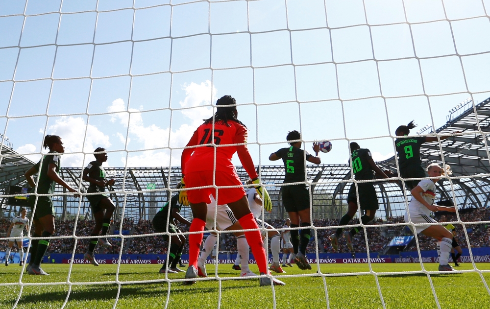 Germany's Alexandra Popp scores their first goal against Nigeria during the Women's World Cup round of 16 match at the Stade des Alpes, Grenoble, France, on Saturday. — Reuters