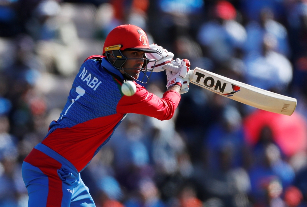 Afghanistan's Mohammad Nabi in action during the ICC Cricket World Cup match against India at The Ageas Bowl, Southampton, Britain, on Saturday. — Reuters