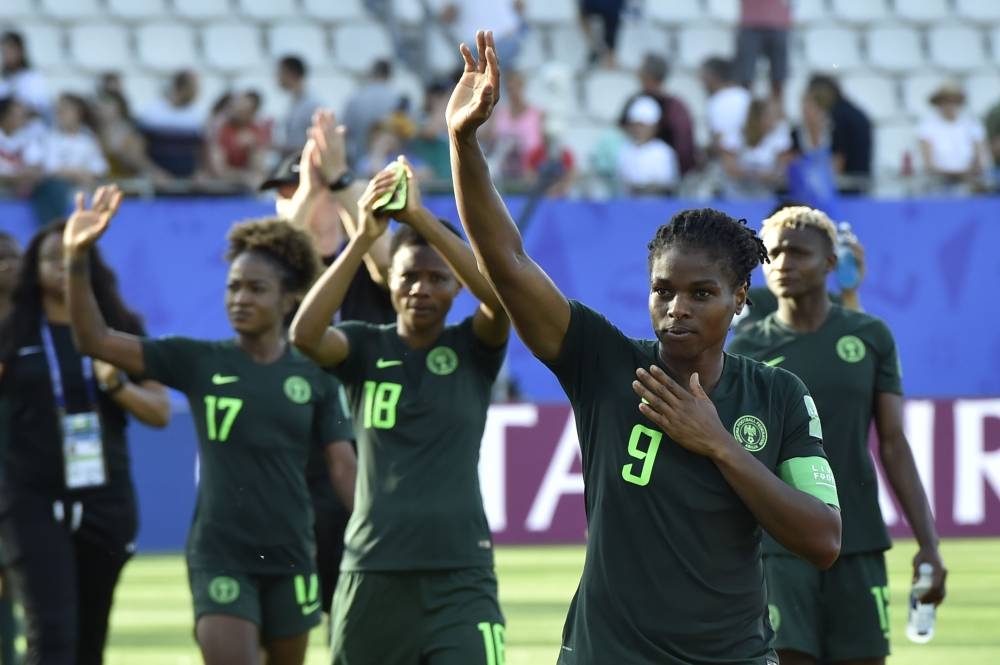 Nigeria's players react at the end of the France 2019 Women's World Cup round of sixteen football match between Germany and Nigeria, on Saturday, at the Stades des Alpes stadium in Grenoble, central eastern France. — AFP 