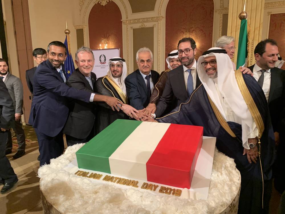 Italian Consul General Stefano Stucci and other diplomats cutting the ceremonial cake to mark the Italian Republic Day. — SG photos by Abdulaziz Hammad