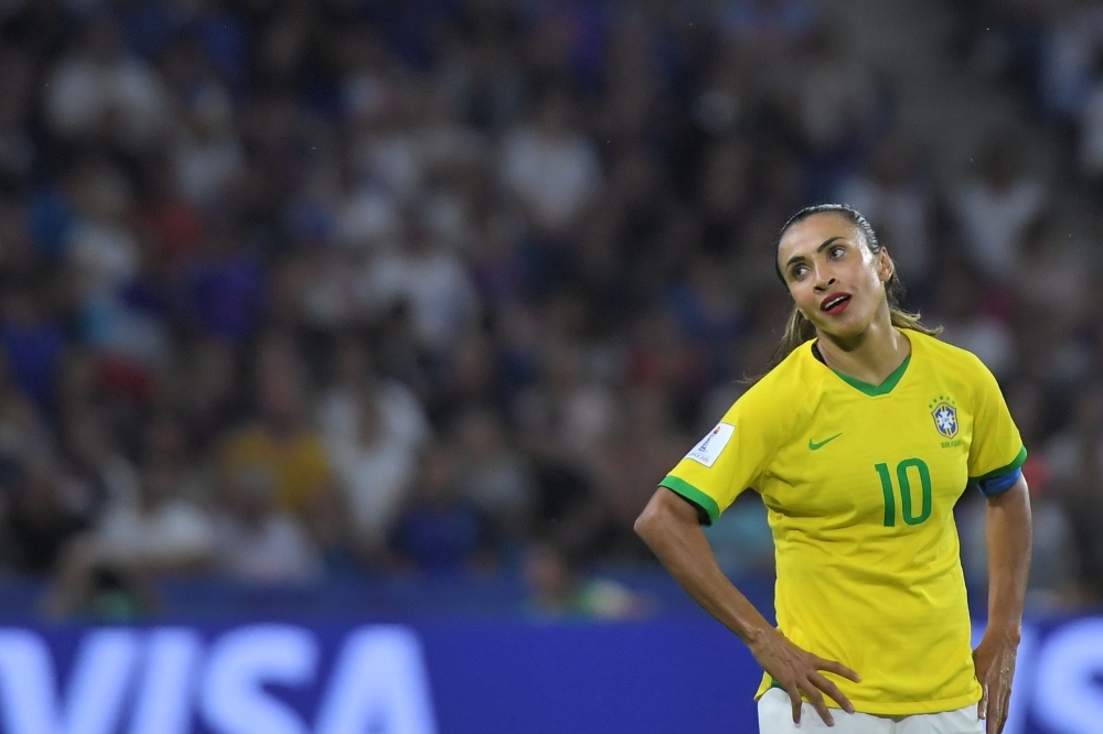 Brazil's forward Marta reacts during the France 2019 Women's World Cup round of sixteen football match against France on Sunday at the Oceane stadium in Le Havre, north western France. — AFP