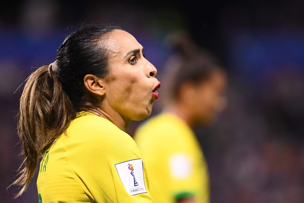 Brazil's forward Marta reacts during the France 2019 Women's World Cup round of sixteen football match against France on Sunday at the Oceane stadium in Le Havre, north western France. — AFP