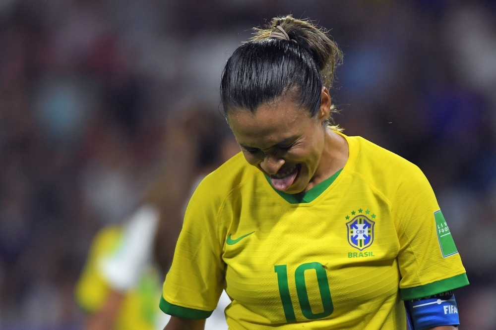 Brazil's forward Marta reacts during the France 2019 Women's World Cup round of sixteen football match against France on Sunday at the Oceane stadium in Le Havre, north western France. — AFP