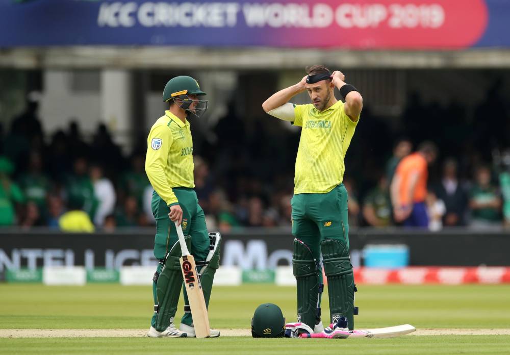 South Africa's Quinton de Kock and Faf du Plessis during the ICC Cricket World Cup match against Pakistan at the Lord's Cricket Ground, London, Britain, on Sunday. — Reuters