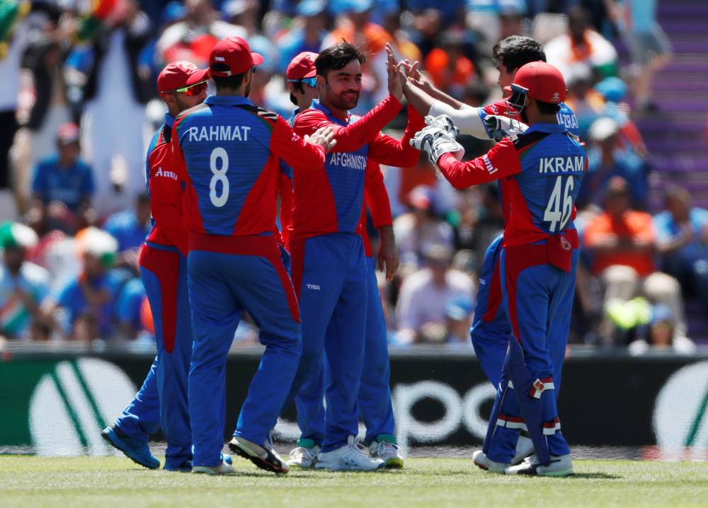 Afghanistan's Rashid Khan reacts during the ICC Cricket World Cup match against Bangladesh at The Ageas Bowl, Southampton, Britain on Monday. — Reuters