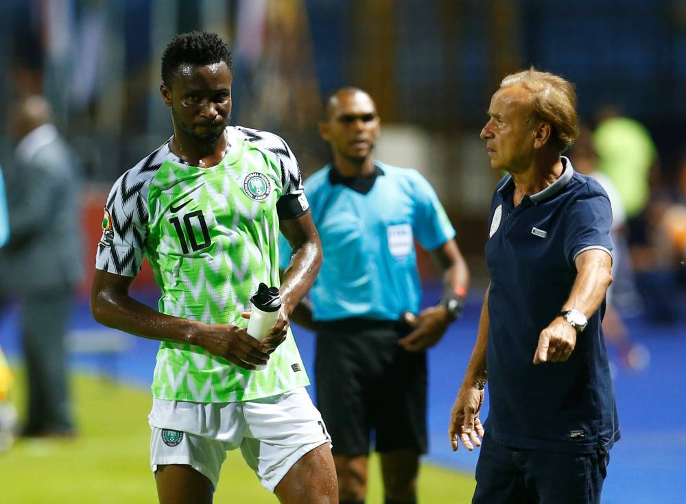 Nigeria's John Obi Mikel with coach Gernot Rohr during the Africa Cup of Nations 2019 Group B  match against Burundi at Alexandria Stadium, Alexandria, Egypt on Saturday. — Reuters