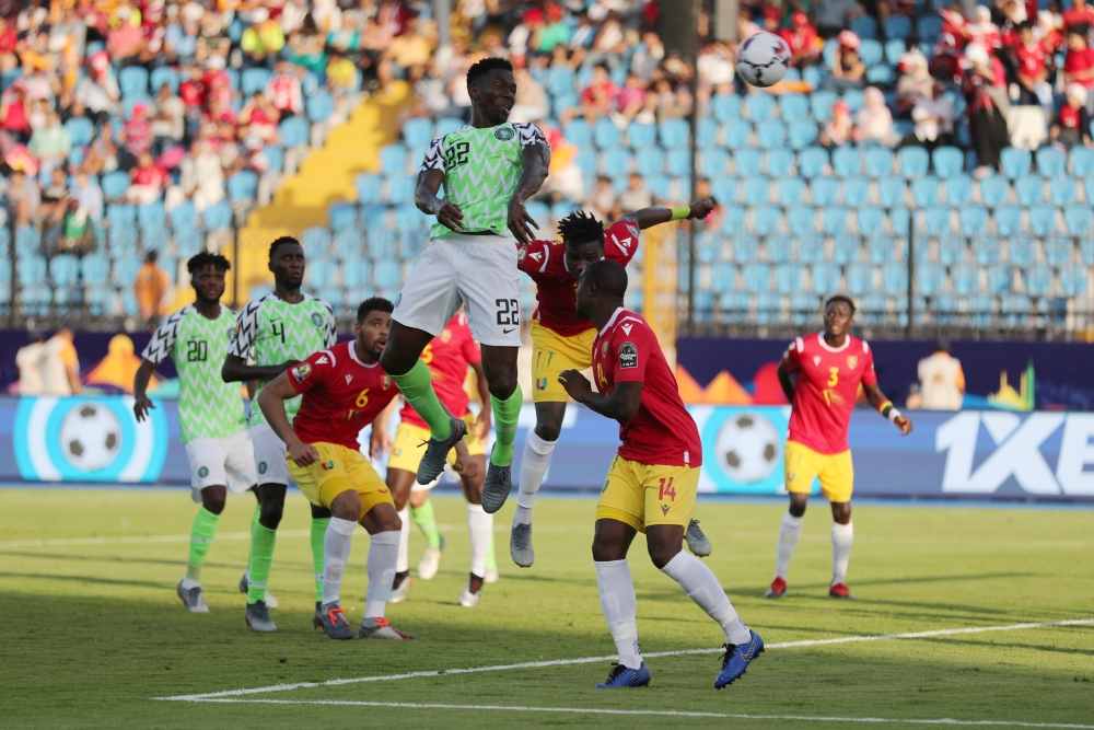Guinea's Ibrahim Kone and teammates look dejected after conceding their first goal in the Africa Cup of Nations 2019 Group B match against Nigeria at the Alexandria Stadium, Alexandria, Egypt on Wednesday. — Reuters