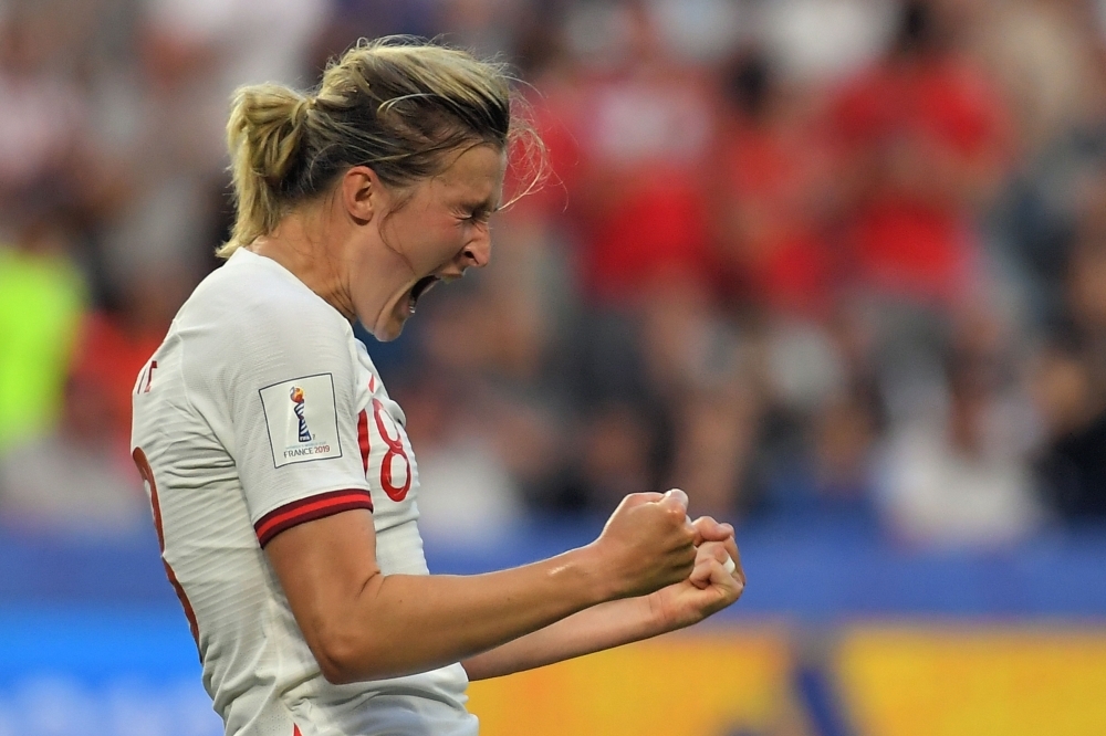 England's forward Ellen White celebrates after scoring a goal during the France 2019 Women's World Cup quarterfinal football match against Norway at the Oceane stadium in Le Havre, north western France on Thursday. — AFP 