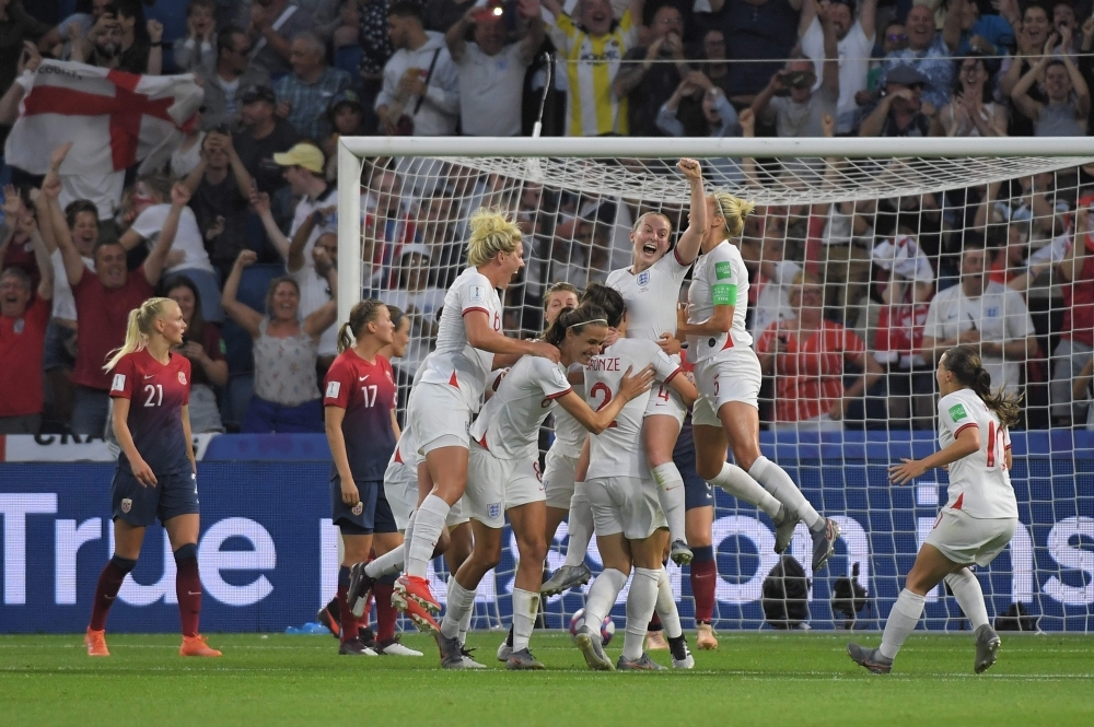 England's forward Ellen White celebrates after scoring a goal during the France 2019 Women's World Cup quarterfinal football match against Norway at the Oceane stadium in Le Havre, north western France on Thursday. — AFP 