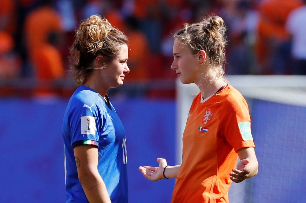 Italy's Cristiana Girelli and Netherlands' Vivianne Miedema after the Women's World Cup quarterfinal match at the Stade du Hainaut, Valenciennes, France, on Saturday. — Reuters