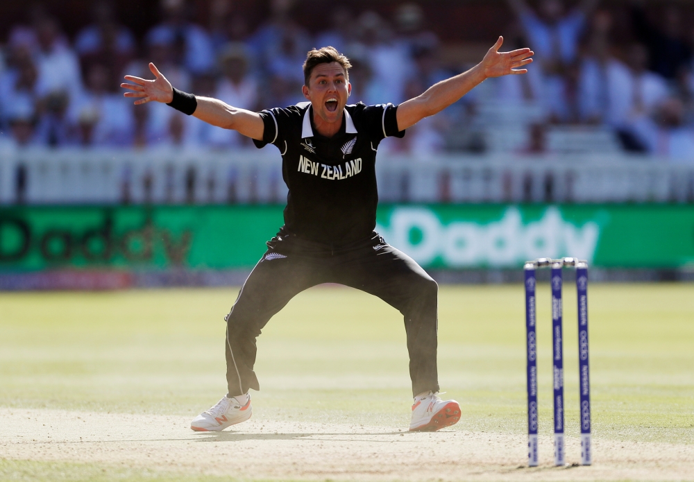 New Zealand's Trent Boult celebrates taking the wicket of Australia's Jason Behrendorff to complete a hat-trick during the ICC Cricket World Cup match against Australia at the Lord's, London, Britain on Saturday. — Reuters