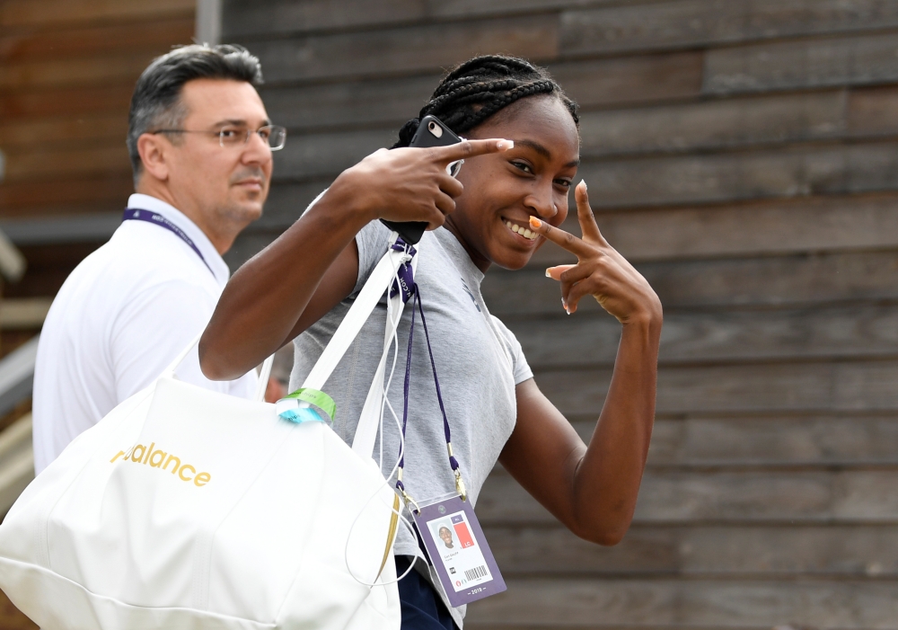 Cori Gauff of the US gestures as she arrives for a practice session at the All England Lawn Tennis and Croquet Club, London, Britain on Sunday. — Reuters