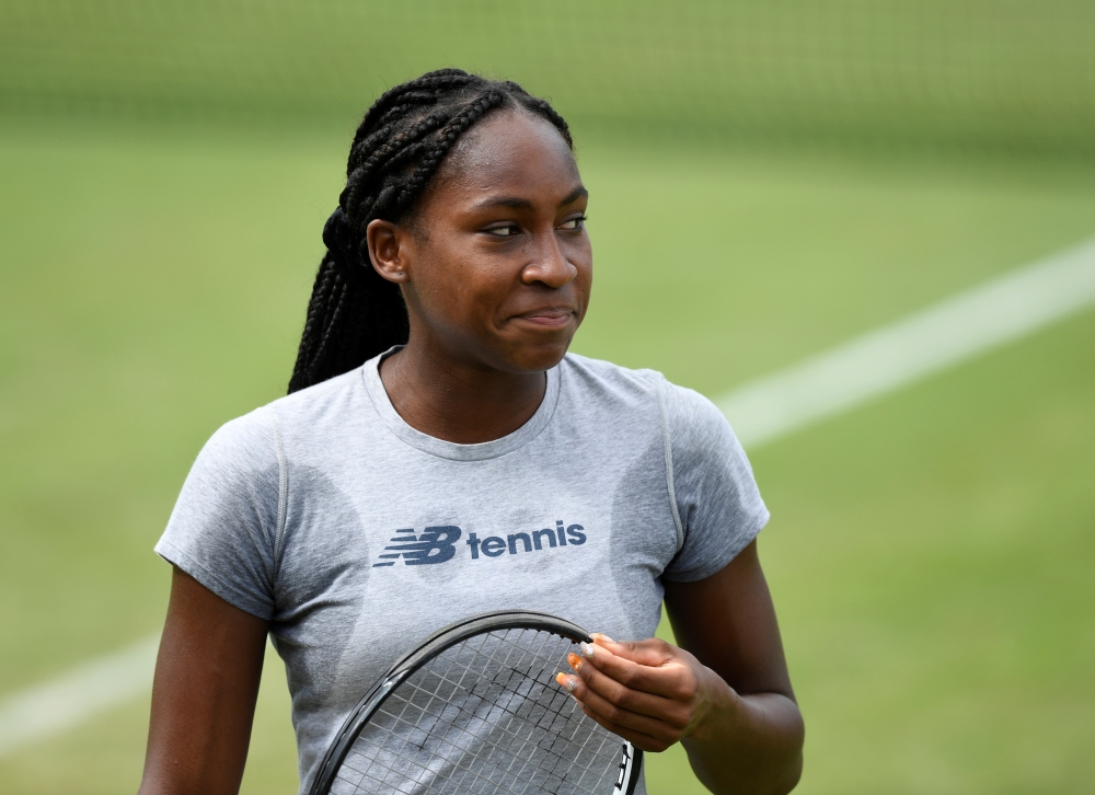 Cori Gauff of the US gestures as she arrives for a practice session at the All England Lawn Tennis and Croquet Club, London, Britain on Sunday. — Reuters