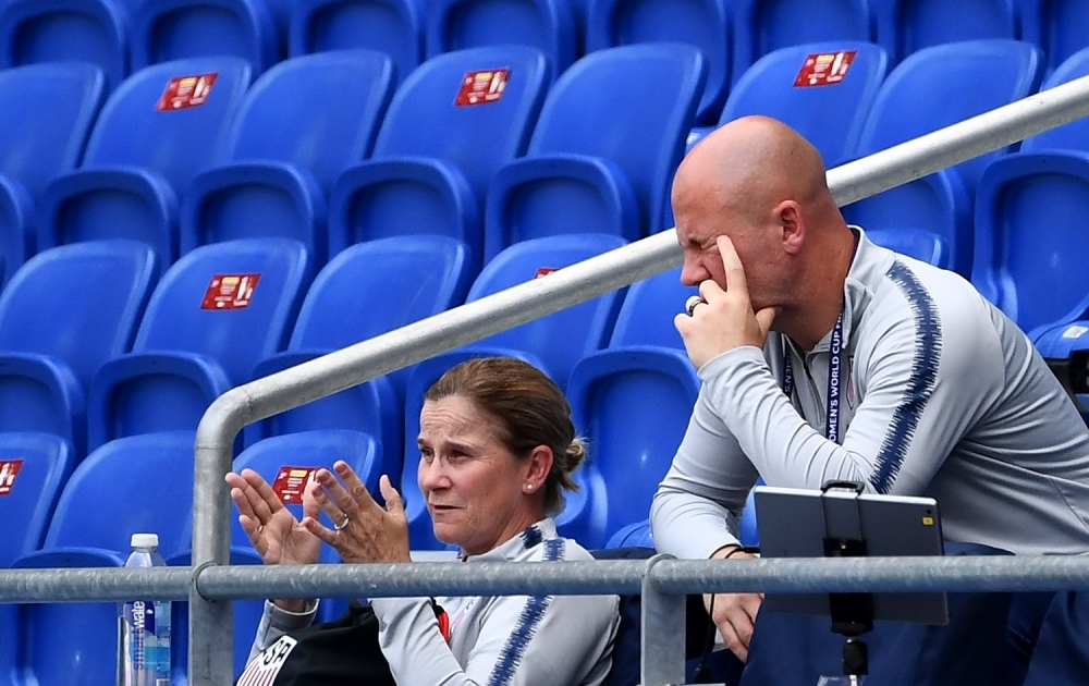 United States' head coach Jill Ellis (L) gestures during a training for the France 2019 Women's World Cup at the Groupama stadium in Lyon, on Sunday. USA will face England during the France 2019 Women's World Cup semifinal football match on July 2, 2019. — AFP 