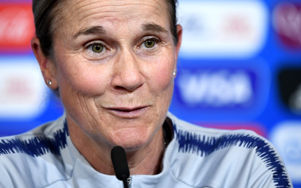 United States' head coach Jill Ellis (L) gestures during a training for the France 2019 Women's World Cup at the Groupama stadium in Lyon, on Sunday. USA will face England during the France 2019 Women's World Cup semifinal football match on July 2, 2019. — AFP 