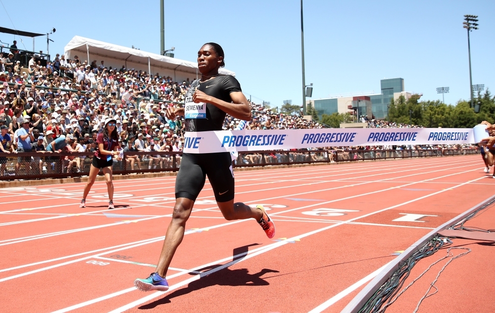 Caster Semenya of South Africa crosses the finish line to win the women's 800m during the Prefontaine Classic at Cobb Track & Angell Field in Stanford, California, on Sunday. — AFP