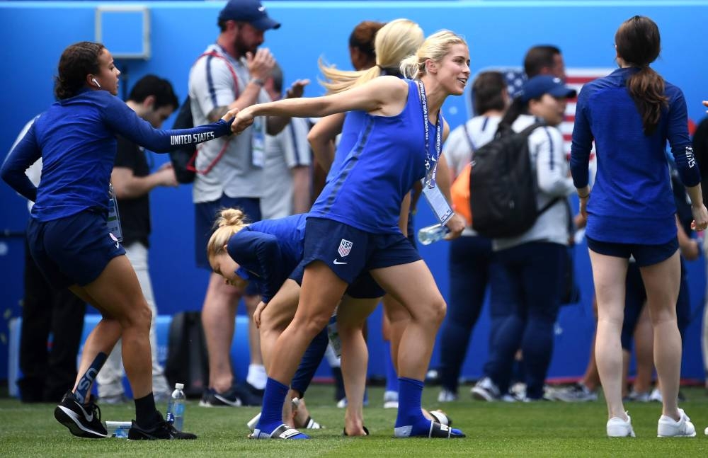 United States' players take part in a training for the France 2019 Women's World Cup at the Groupama stadium in Lyon, Sunday. USA will face England during the France 2019 Women's World Cup semi-final football match on Tuesday. — AFP