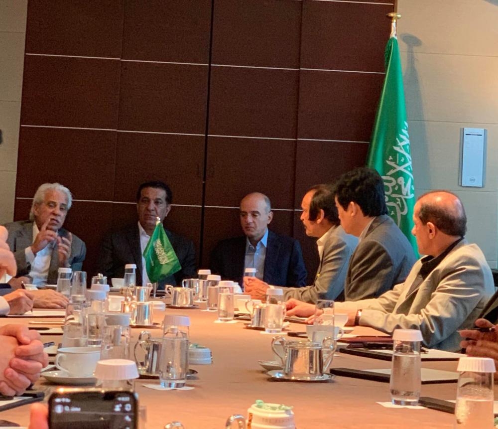 Minister of Commerce and Investment Dr. Majid Bin Abdullah Al-Qasabi, Minister of State for Foreign Affairs and Cabinet member Adel Bin Ahmed Al-Jubeir, and Minister of Media Turki Bin Abdullah Al-Shabanah address the media delegation accompanying Crown Prince Muhammad Bin Salman to the G20 summit in Osaka, Japan. — Okaz photo