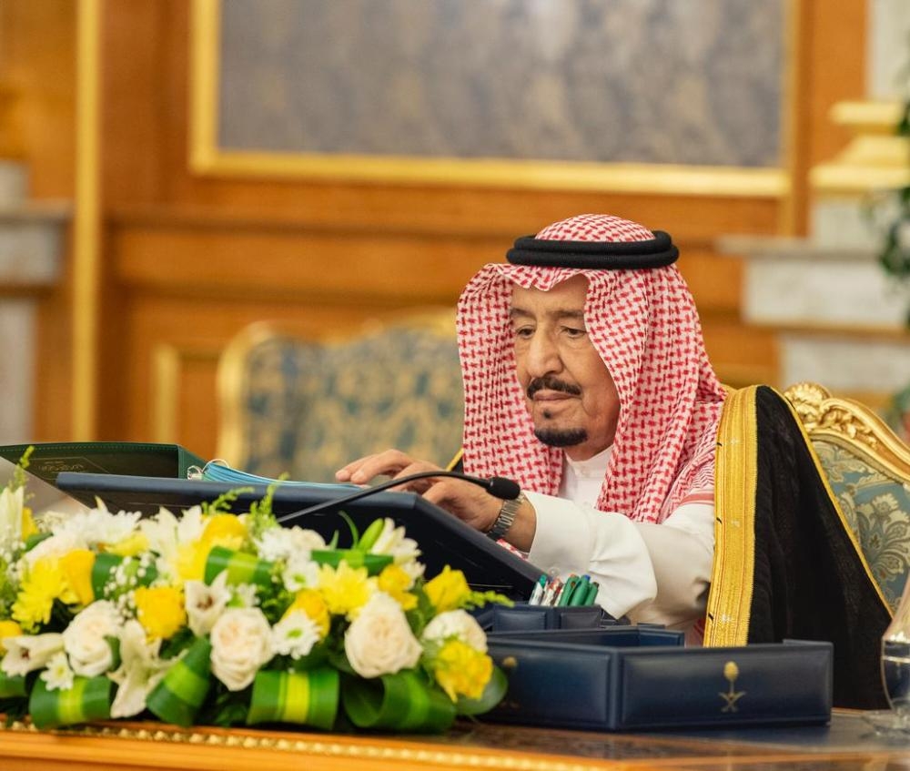 Custodian of the Two Holy Mosques King Salman chairs the Council of Ministers' session at Al-Salam Palace in Jeddah on Tuesday. — SPA