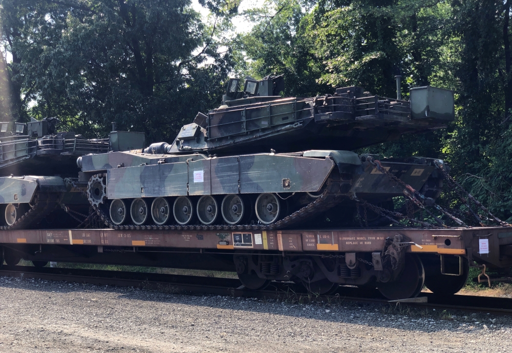 An M1 Abrams tank sits atop a flat car in a rail yard on Tuesday after US President Donald Trump said tanks and other military hardware would be part of of a Fourth of July display in Washington -Reuters
