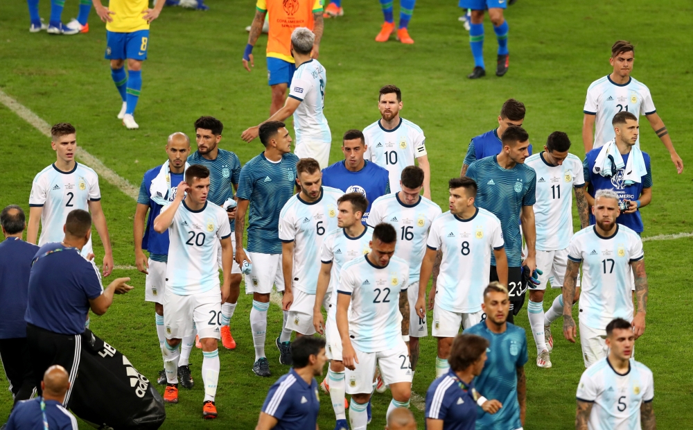 Argentina players look dejected after the Copa America Brazil 2019 semifinal match against Brazil at the Mineirao Stadium, Belo Horizonte, Brazil on Tuesday. — Reuters