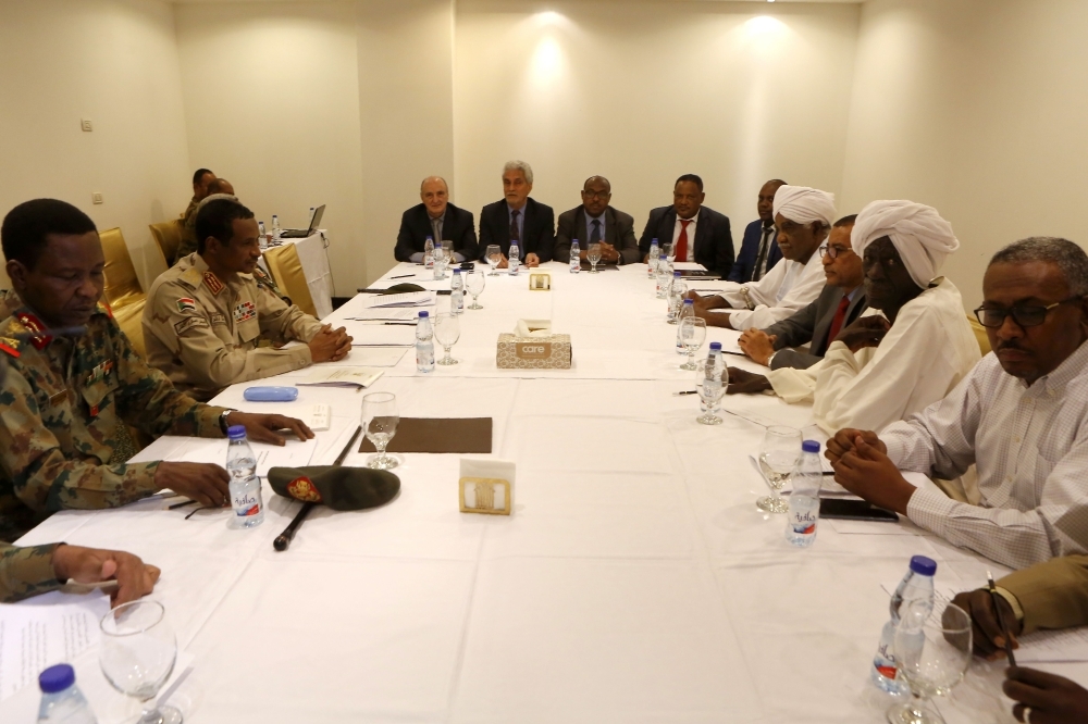Members of the Sudanese Military Council and the movement the Alliance for Freedom and Change meet at the Corinthia Hotel in the capital Khartoum on Wednesday. — AFP
