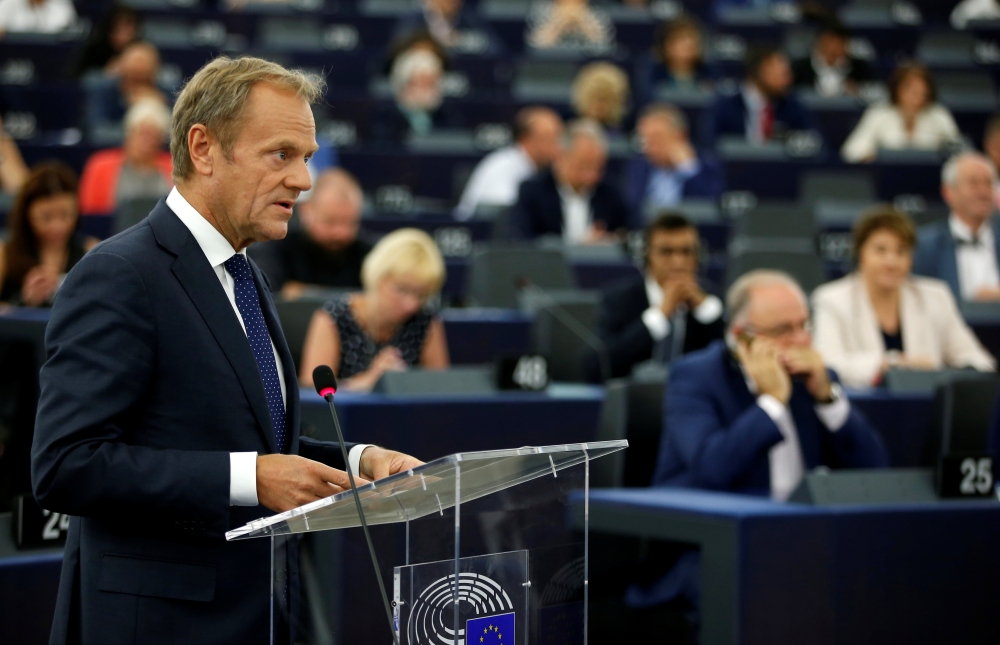 European Council President Donald Tusk delivers a speech during a debate on the last European summit, at the European Parliament in Strasbourg, France, on Thursday. — Reuters