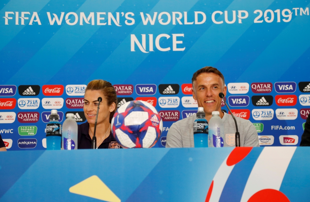 England's Karen Carney and England manager Phil Neville during the Women's World Cup press conference at the Allianz Riviera, Nice, France on Friday. — Reuters